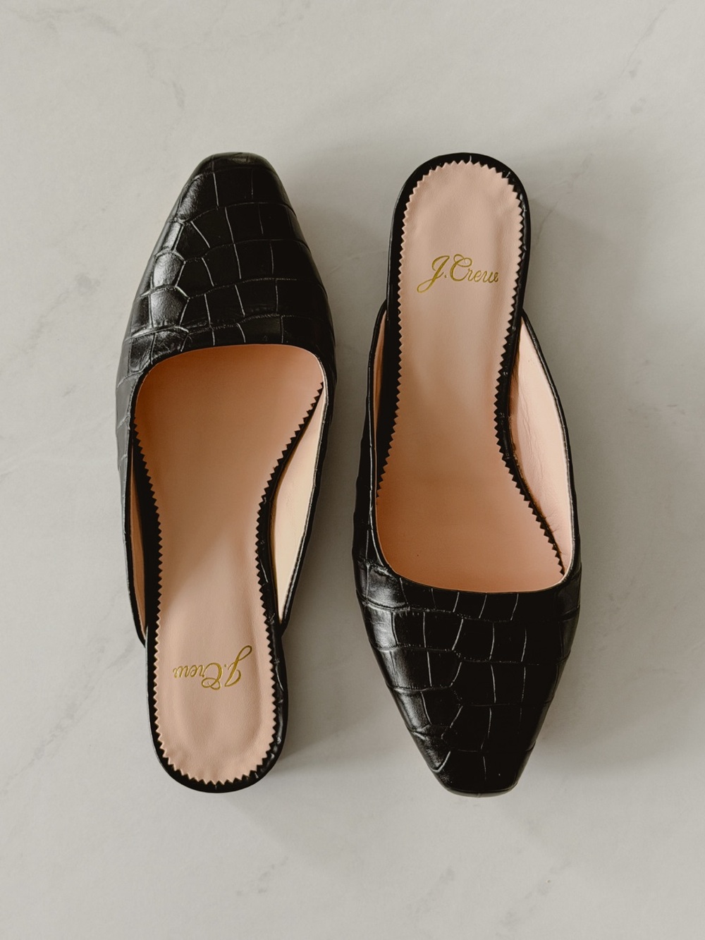 Crew Black Croc Embossed Leather Mules Size 6 Square Toe Slip On Flats